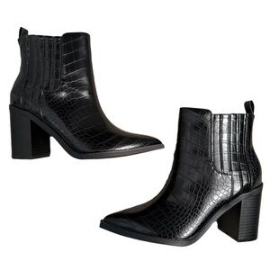 IMILY BELA Pointed Toe Chunky Stacked Mid Heeled Booties, NEW